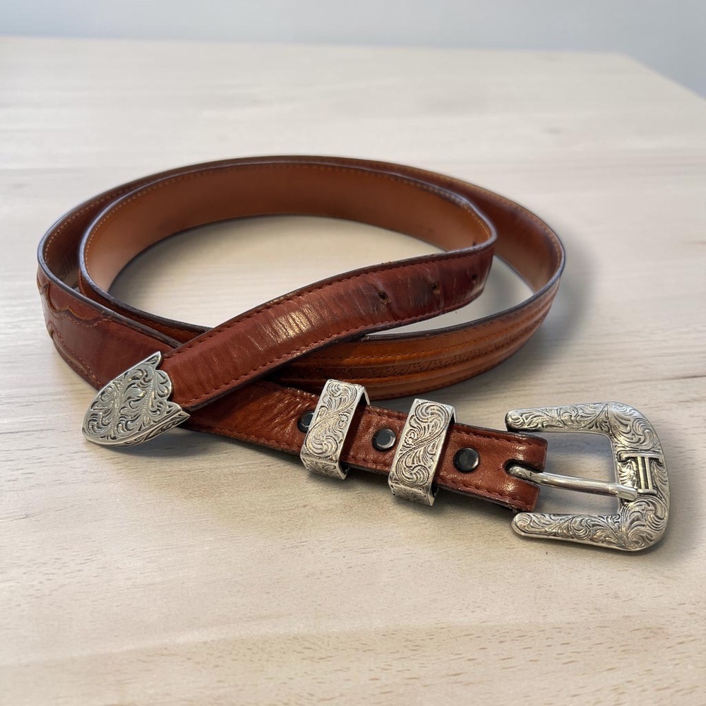 Lucchese Men's Leather Western Belt 46 Brown Engraved Silver Buckle Cowboy